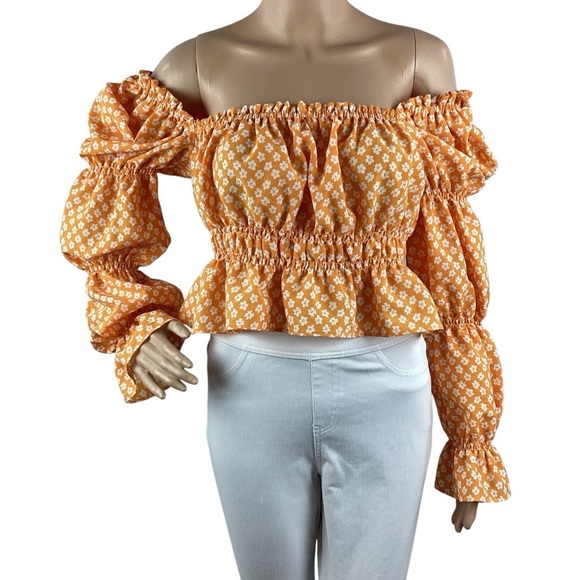 H&M Divided Floral Off-Shoulder Crop Top Puff Sleeve Ruffle Hem Blouse M - Picture 1 of 6
